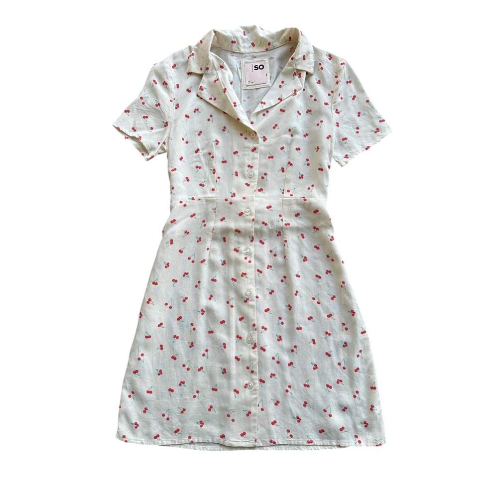 SO Goods For Life Cherry Print Button Front Mini Dress Cream‎ Red XS